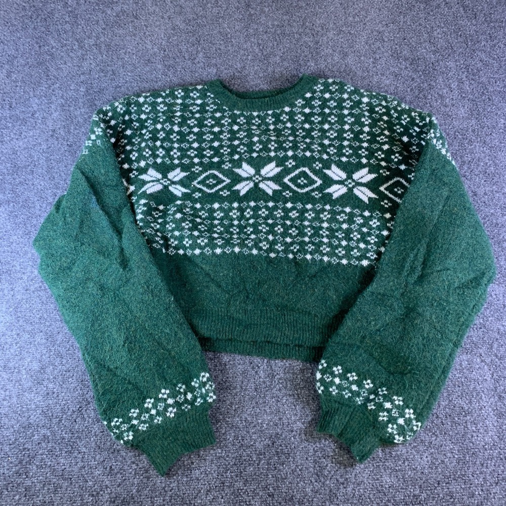 Pacsun Crop Sweater Womens Large Green Aztec Knit Stretch Long Sleeve Pullover